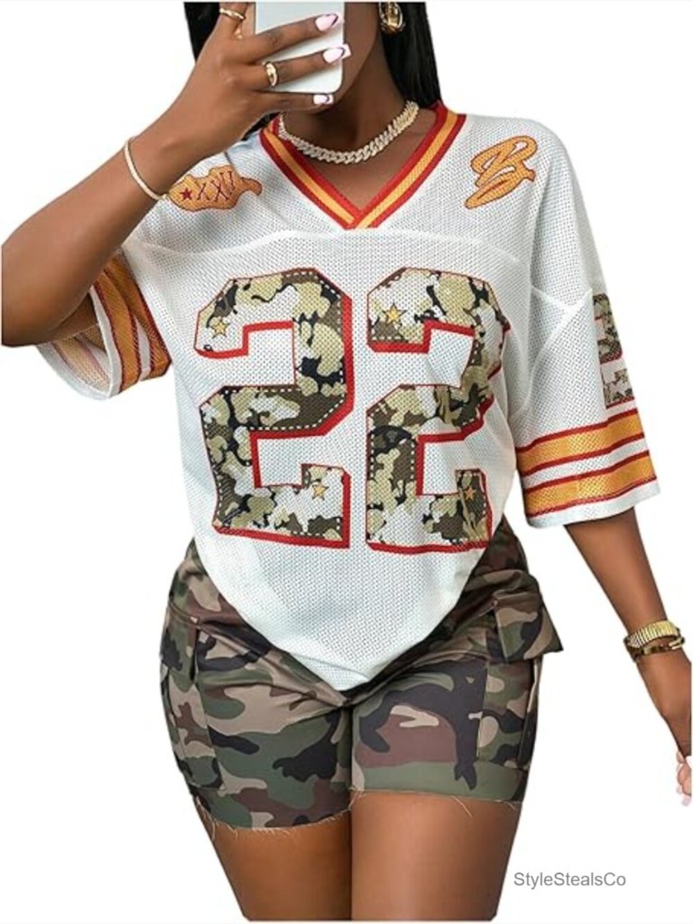 Graphic Number Print Mesh Color Block V Neck Short Sleeve Jersey T-Shirt